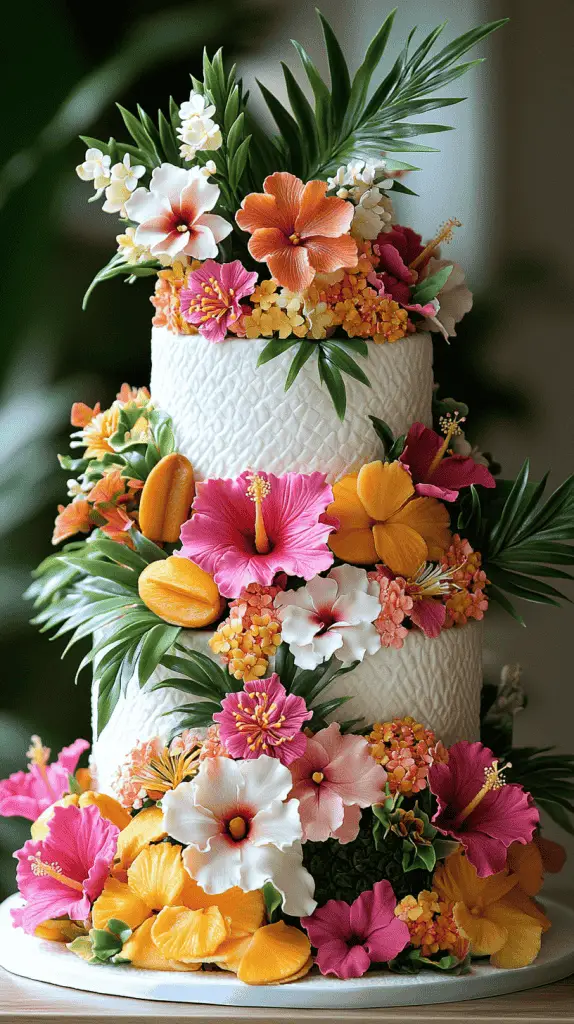 a hawaiian wedding cake decorated with bright tropical flowers and fruits.