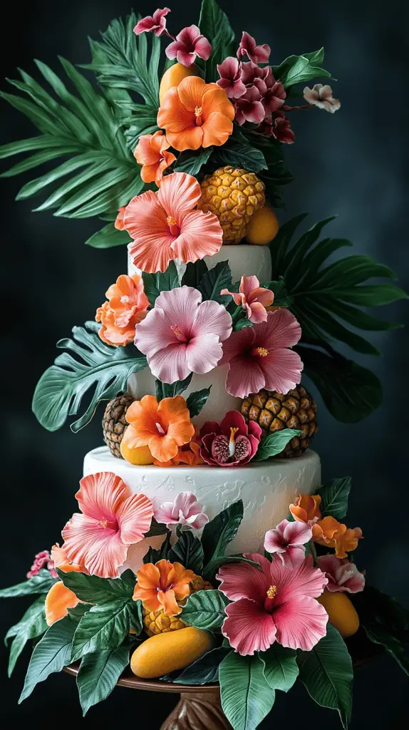 a hawaiian wedding cake decorated with bright tropical flowers and fruits.