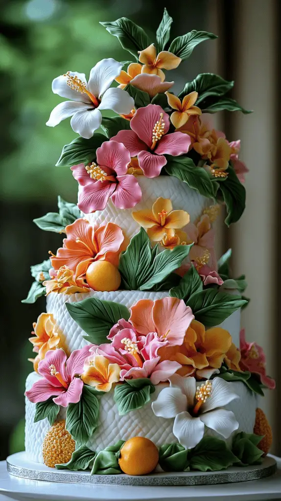 a hawaiian wedding cake decorated with bright tropical flowers and fruits.