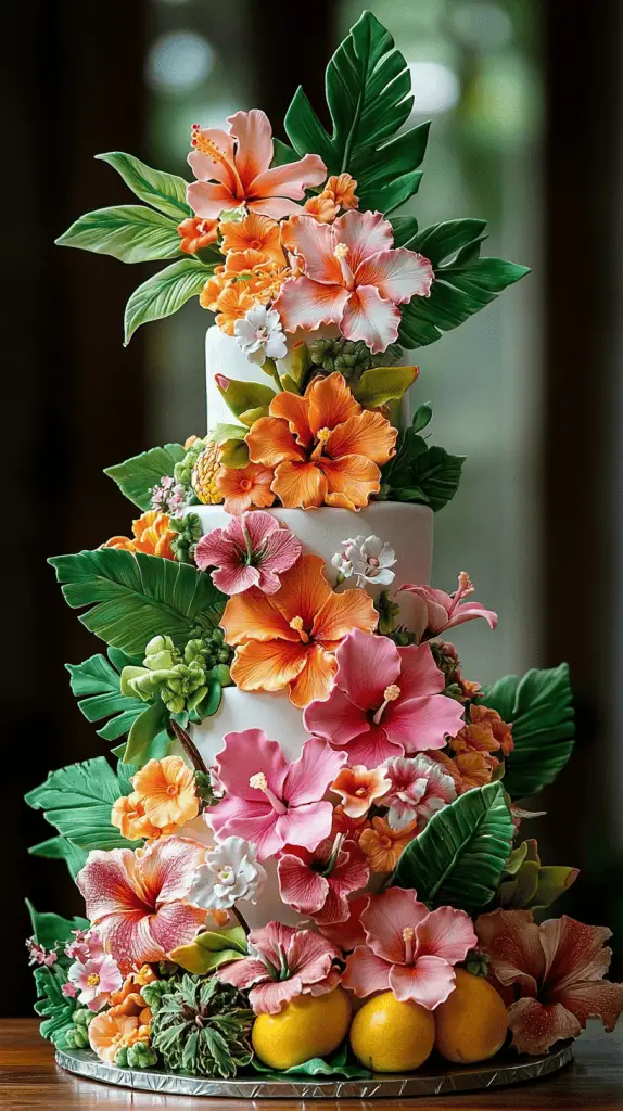 a hawaiian wedding cake decorated with bright tropical flowers and fruits.