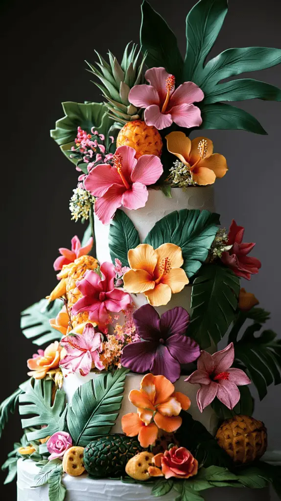 a hawaiian wedding cake decorated with bright tropical flowers and fruits.