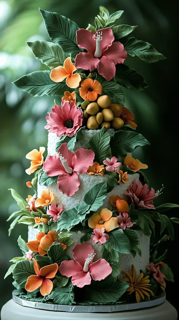 a hawaiian wedding cake decorated with bright tropical flowers and fruits.