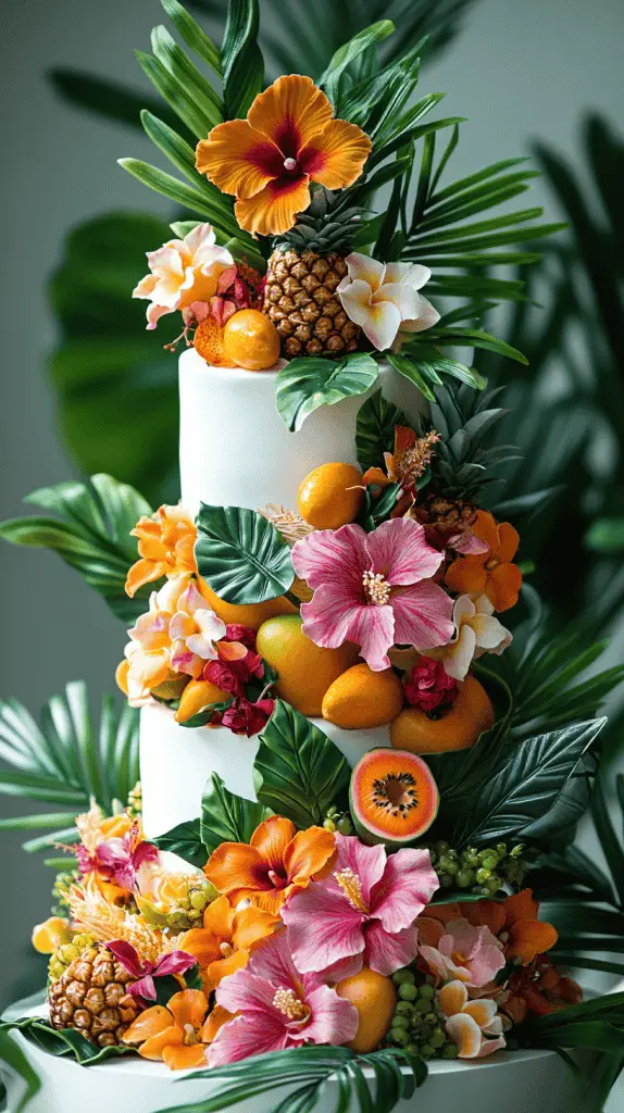 a hawaiian wedding cake decorated with bright tropical flowers and fruits.