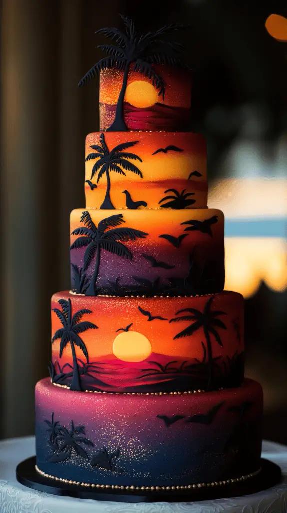 A sunset themed wedding cake with gradient colors.