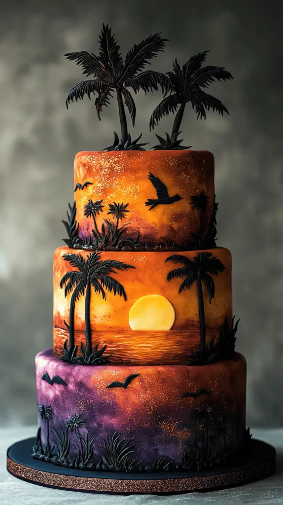 A sunset themed wedding cake with gradient colors.
