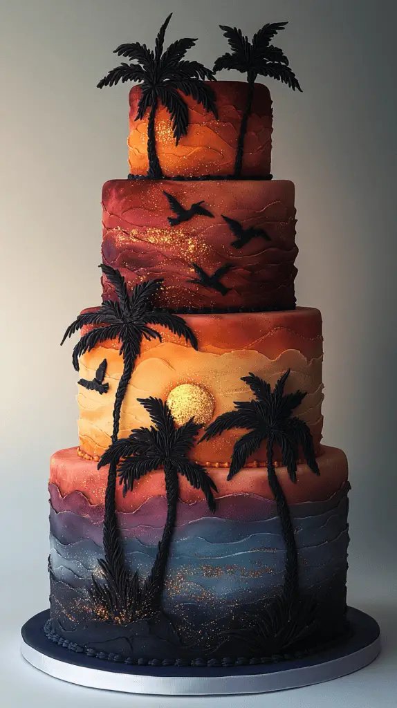 A sunset themed wedding cake with gradient colors.