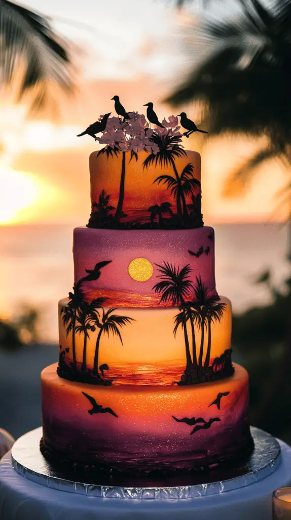 A sunset themed wedding cake with gradient colors.