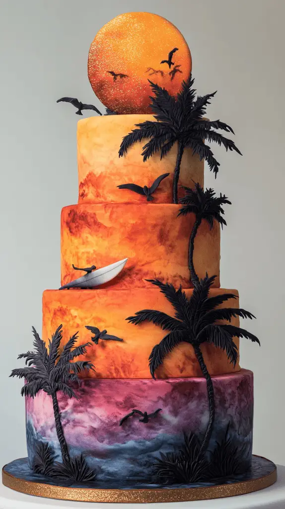 A sunset themed wedding cake with gradient colors.