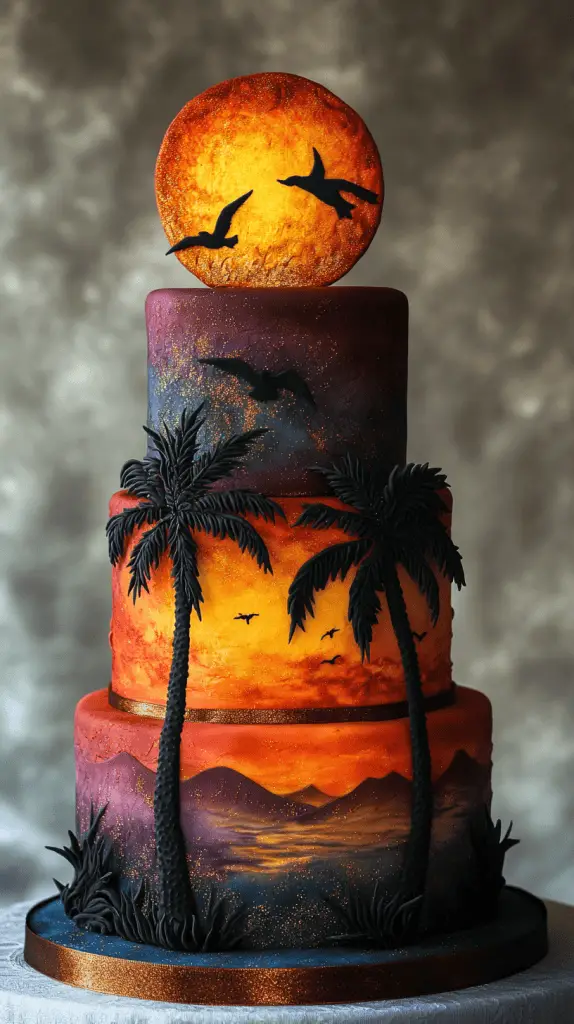 A sunset themed wedding cake with gradient colors.