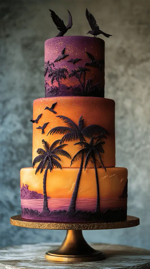 A sunset themed wedding cake with gradient colors.