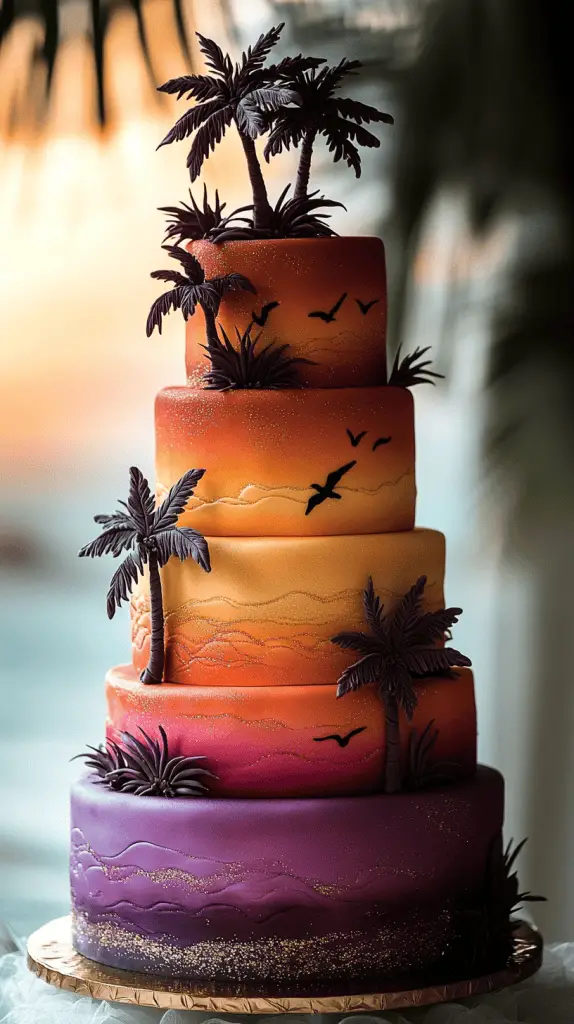 A sunset themed wedding cake with gradient colors.