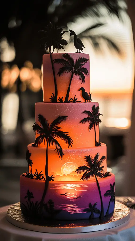 A sunset themed wedding cake with gradient colors.
