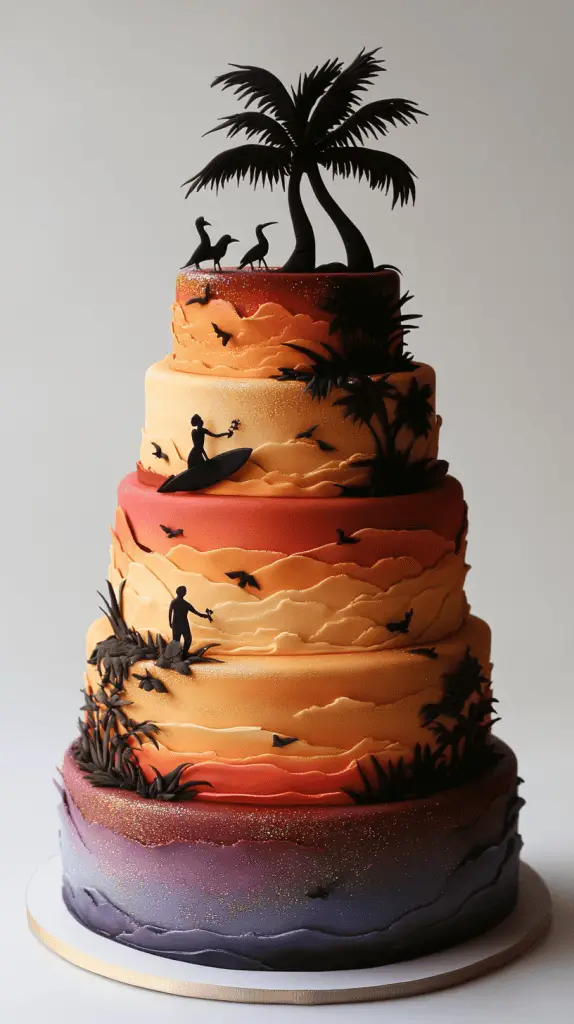 A sunset themed wedding cake with gradient colors.