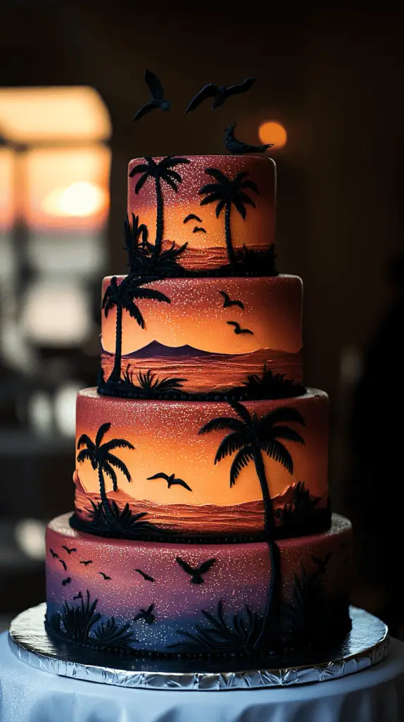 A sunset themed wedding cake with gradient colors.