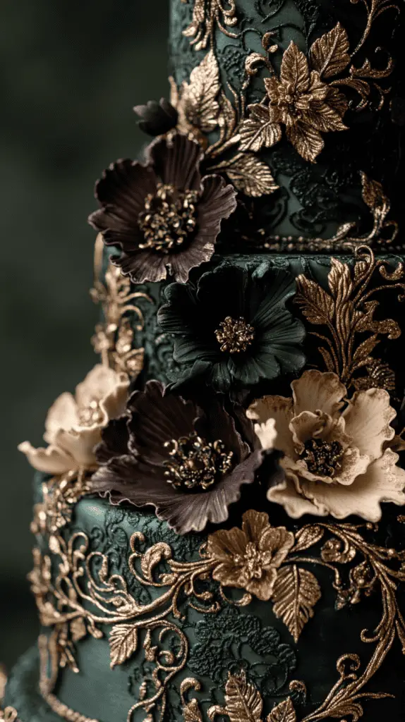 Explore a Victorian-inspired gothic wedding cake adorned with baroque details, intricate lacework, and floral motifs in antique gold and ivory. With deep hues like burgundy and forest green, this elegant design brings regal sophistication to gothic-themed weddings.