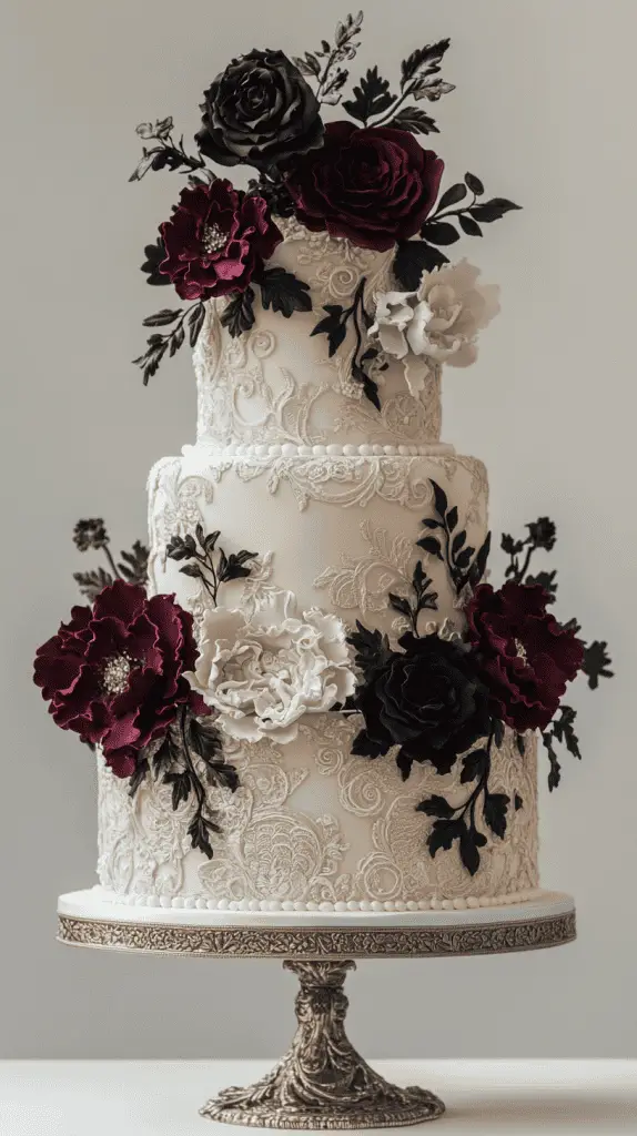 Explore a Victorian-inspired gothic wedding cake adorned with baroque details, intricate lacework, and floral motifs in antique gold and ivory. With deep hues like burgundy and forest green,this elegant design brings regal sophistication to gothic-themed weddings.