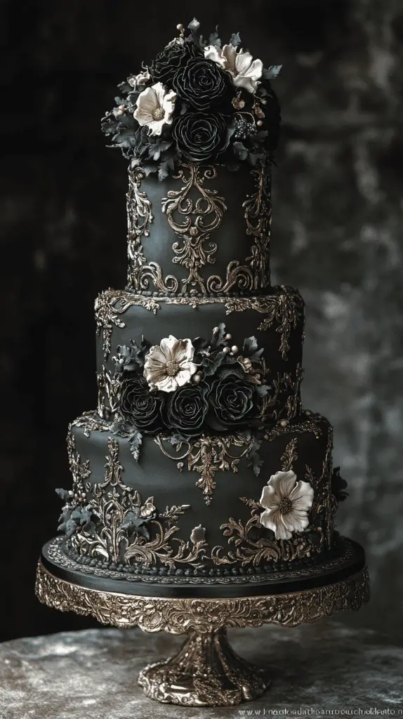 Explore a Victorian-inspired gothic wedding cake adorned with baroque details, intricate lacework, and floral motifs in antique gold and ivory. With deep hues like burgundy and forest green, this elegant design brings regal sophistication to gothic-themed weddings.