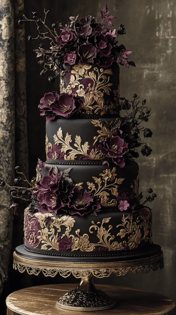 Explore a Victorian-inspired gothic wedding cake adorned with baroque details,intricate lacework,and floral motifs in antique gold and ivory. With deep hues like burgundy and forest green, this elegant design brings regal sophistication to gothic-themed weddings.