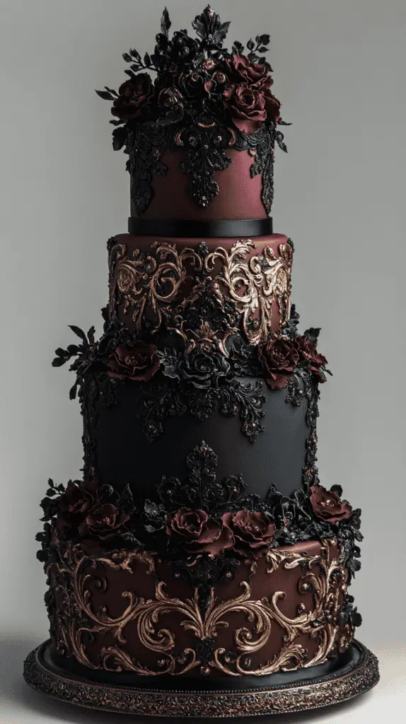 Explore a Victorian-inspired gothic wedding cake adorned with baroque details, intricate lacework, and floral motifs in antique gold and ivory. With deep hues like burgundy and forest green, this elegant design brings regal sophistication to gothic-themed weddings.