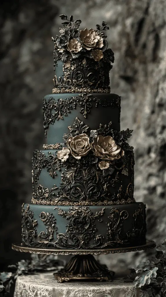 Explore a Victorian-inspired gothic wedding cake adorned with baroque details, intricate lacework, and floral motifs in antique gold and ivory.With deep hues like burgundy and forest green, this elegant design brings regal sophistication to gothic-themed weddings.