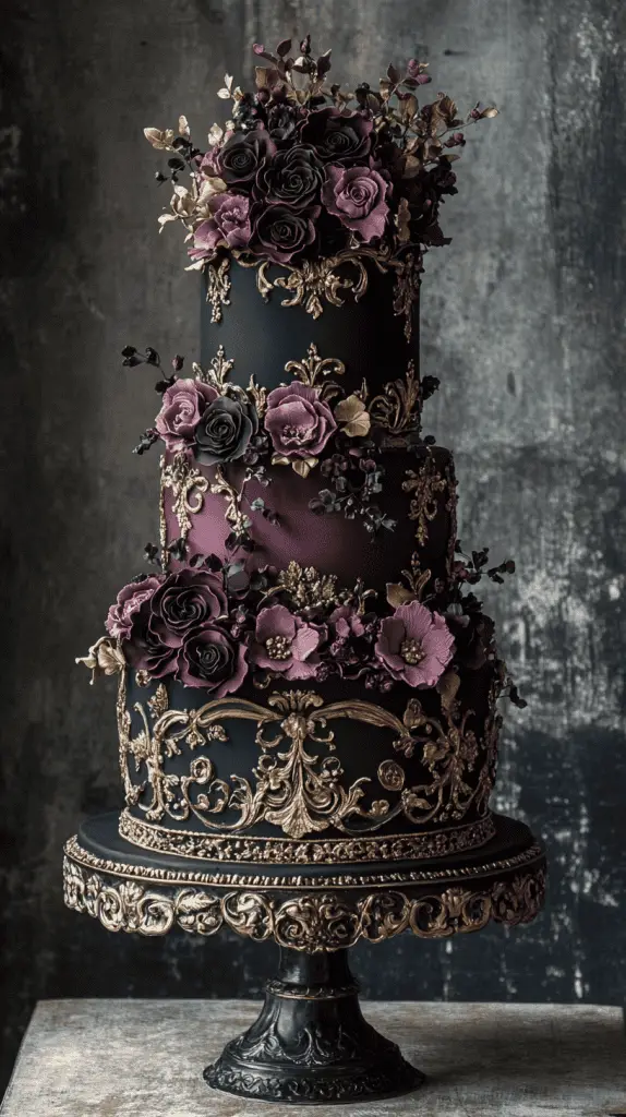 Explore a Victorian-inspired gothic wedding cake adorned with baroque details, intricate lacework, and floral motifs in antique gold and ivory. with deep hues like burgundy and forest green, this elegant design brings regal sophistication to gothic-themed weddings.