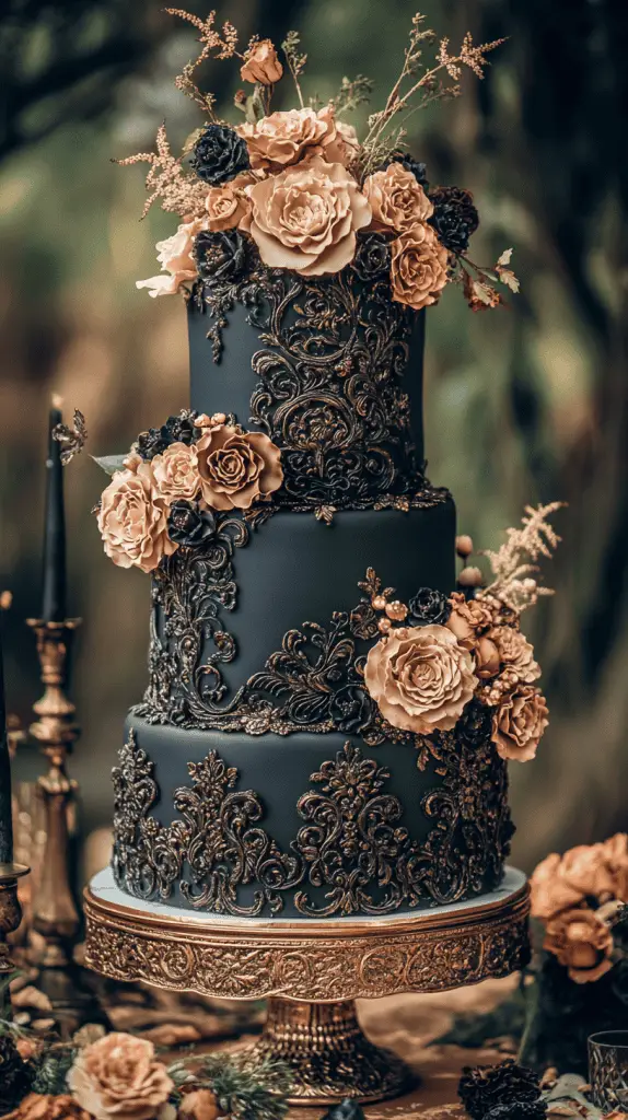 explore a Victorian-inspired gothic wedding cake adorned with baroque details, intricate lacework, and floral motifs in antique gold and ivory. With deep hues like burgundy and forest green, this elegant design brings regal sophistication to gothic-themed weddings.
