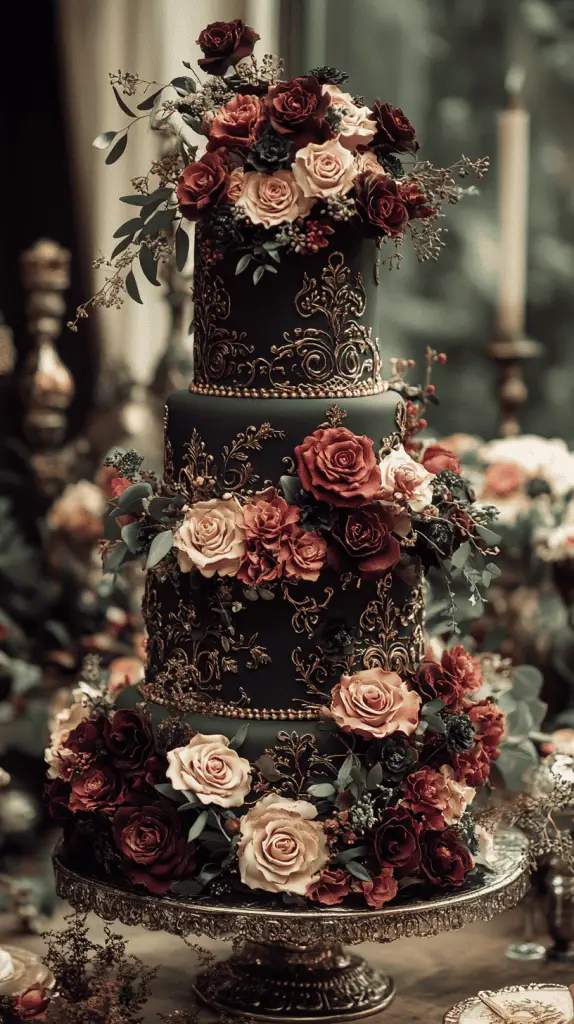 Explore a Victorian-inspired gothic wedding cake adorned with baroque details, intricate lacework, and floral motifs in antique gold and ivory.with deep hues like burgundy and forest green,this elegant design brings regal sophistication to gothic-themed weddings.