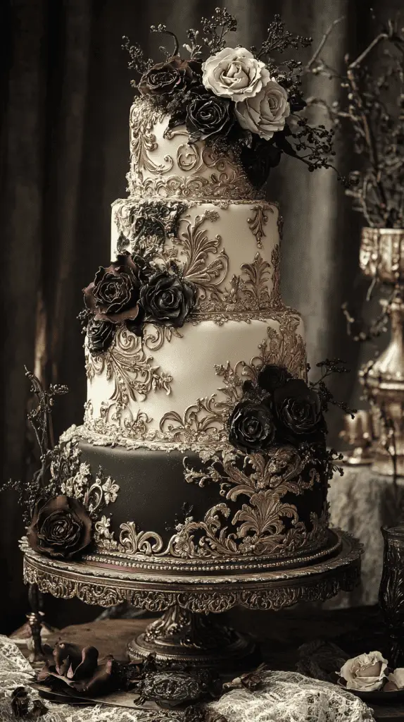 Explore a Victorian-inspired gothic wedding cake adorned with baroque details, intricate lacework, and floral motifs in antique gold and ivory. With deep hues like burgundy and forest green, this elegant design brings regal sophistication to gothic-themed weddings.