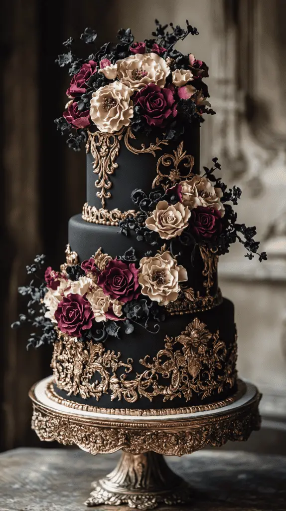 Explore a Victorian-inspired gothic wedding cake adorned with baroque details, intricate lacework, and floral motifs in antique gold and ivory. With deep hues like burgundy and forest green, this elegant design brings regal sophistication to gothic-themed weddings.