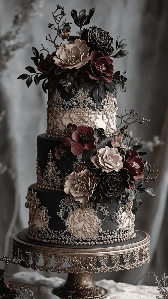 Explore a Victorian-inspired gothic wedding cake adorned with baroque details, intricate lacework, and floral motifs in antique gold and ivory. With deep hues like burgundy and forest green, this elegant design brings regal sophistication to gothic-themed weddings.
