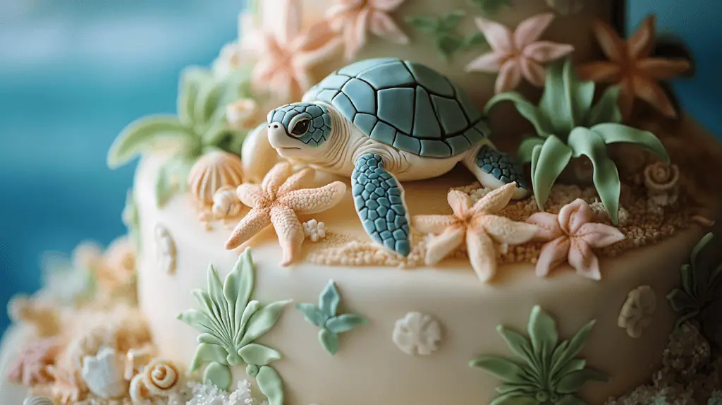 A wedding cake featuring tropical turtle motifs, in finest distinctive Hawaiian fashion.
