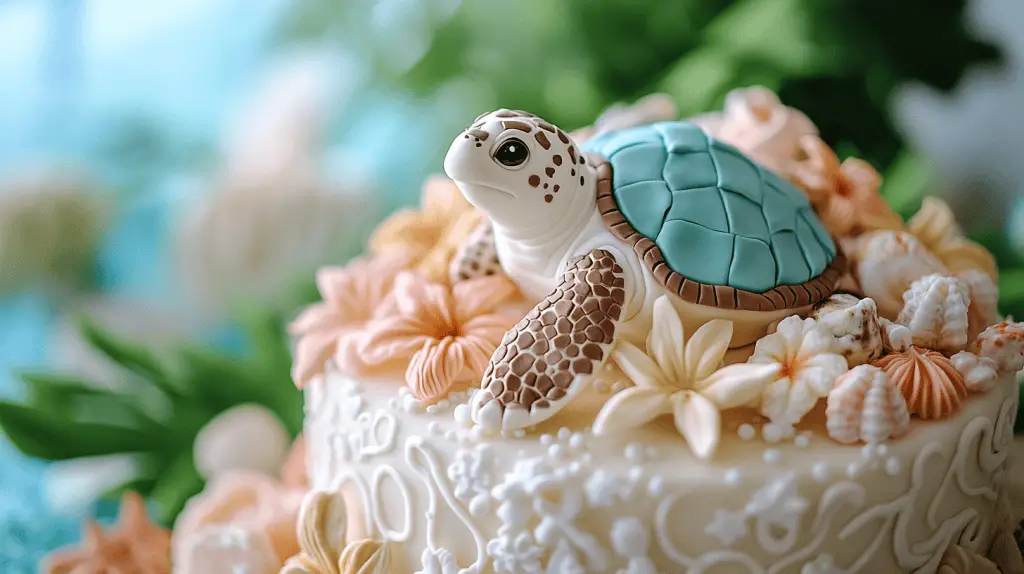 A wedding cake featuring tropical turtle motifs, in finest distinctive Hawaiian fashion.