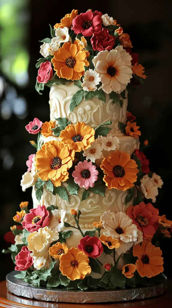Mexican wedding cake adorned with bold, colorful flowers such as marigolds, roses, and lilies.