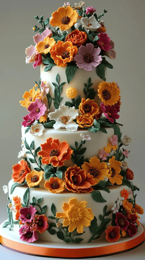 mexican wedding cake adorned with bold, colorful flowers such as marigolds, roses, and lilies.