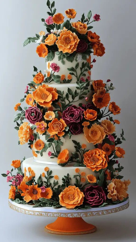 Mexican wedding cake adorned with bold, colorful flowers such as marigolds, roses, and lilies.