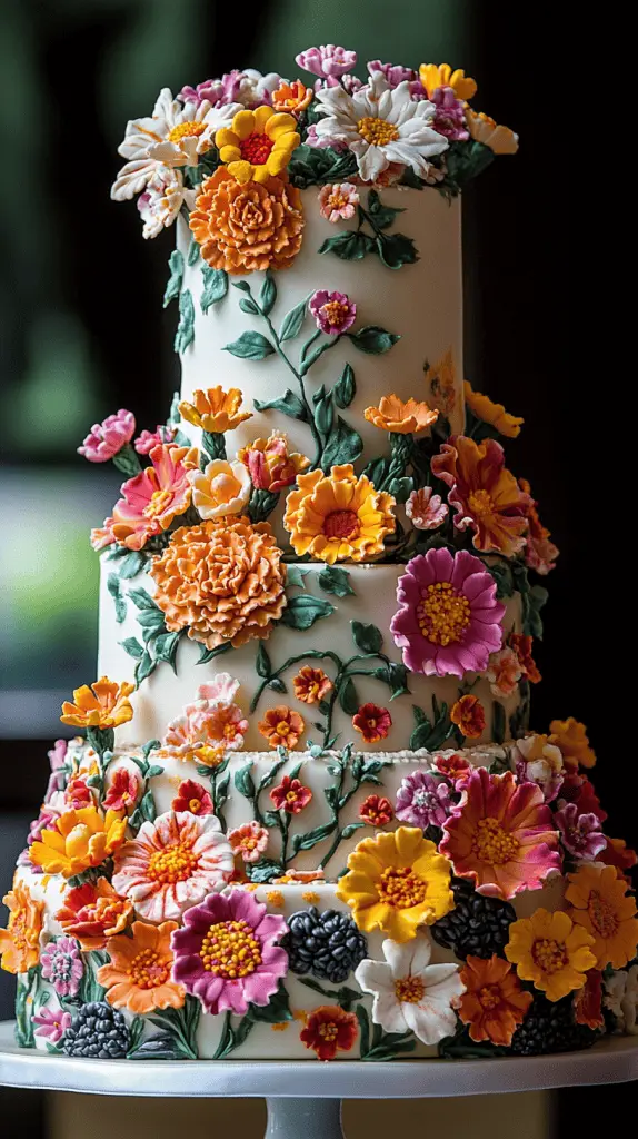 Mexican wedding cake adorned with bold, colorful flowers such as marigolds, roses, and lilies.