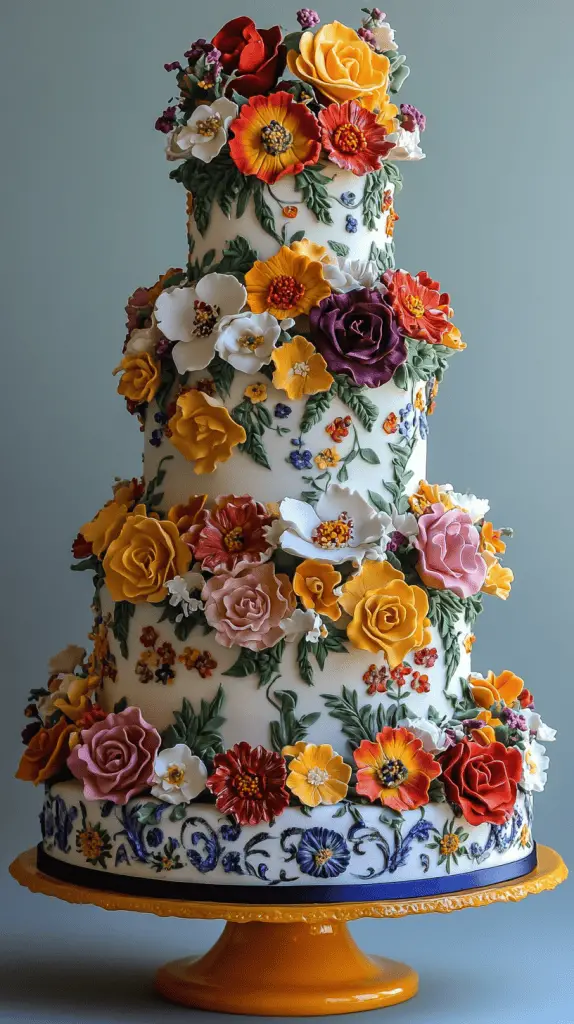 Mexican wedding cake adorned with bold, colorful flowers such as marigolds, roses, and lilies.