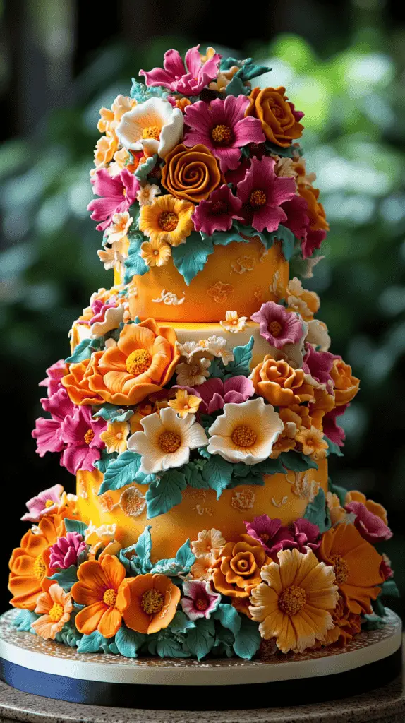 Mexican wedding cake adorned with bold,colorful flowers such as marigolds,roses,and lilies.