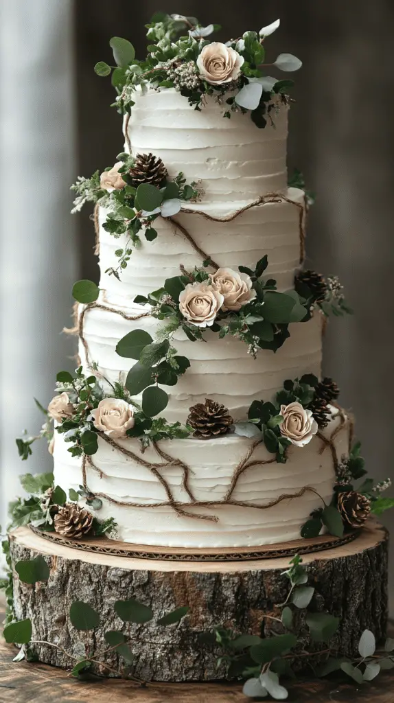 A rustic wedding cake thoughtfully accessorized to enhance its natural charm.