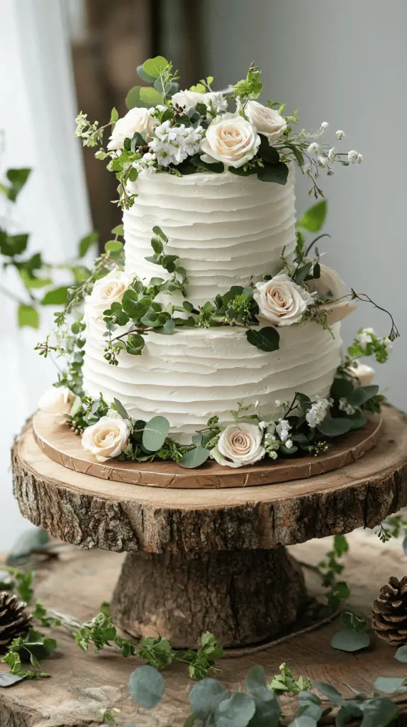 A rustic wedding cake thoughtfully accessorized to enhance its natural charm.