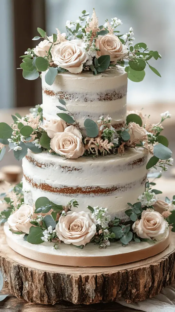 A rustic wedding cake thoughtfully accessorized to enhance its natural charm.
