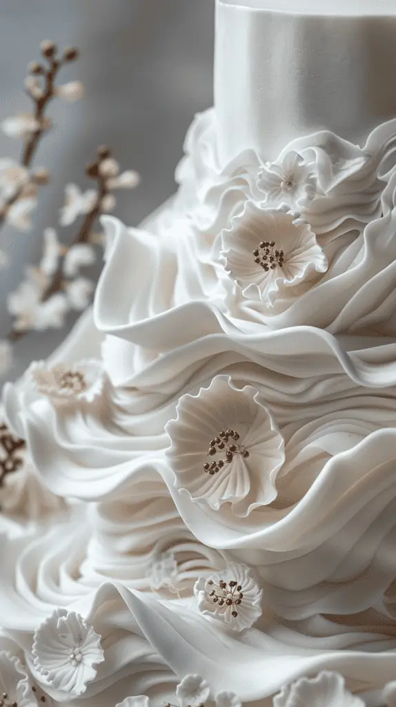 A wedding cake featuring intricate wavy piping details,with piping floral patterns.