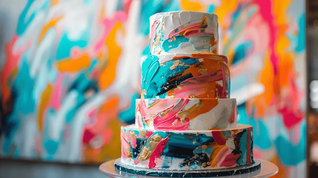 A hand painted wedding cake with brushstrokes in vibrant colors.