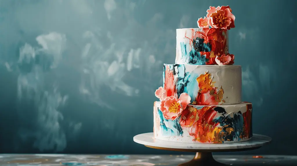 A hand painted wedding cake with brushstrokes in vibrant colors.