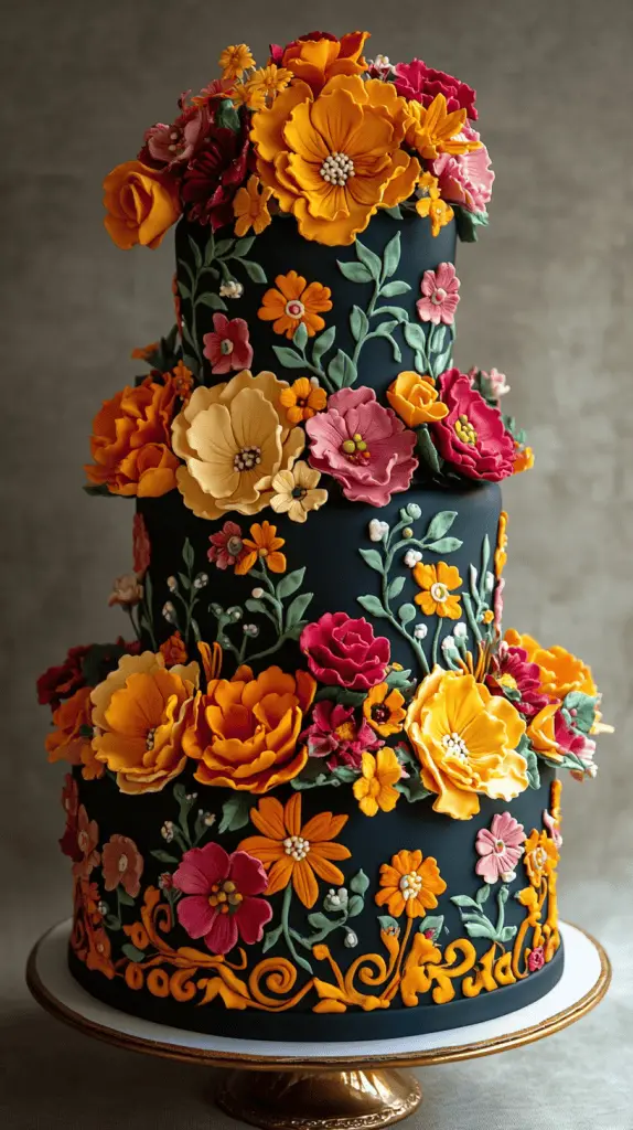 A Frida Kahlo-inspired Mexican wedding cake featuring vibrant, bold floral decorations reminiscent of Kahlo’s art, such as roses, marigolds, and orchids.