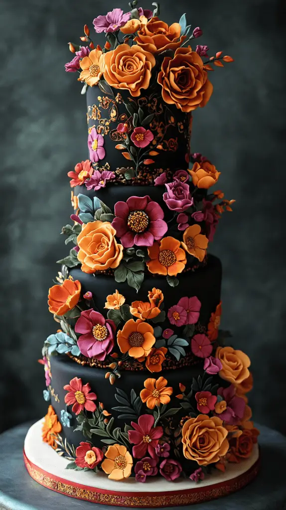 A Frida Kahlo-inspired mexican wedding cake featuring vibrant, bold floral decorations reminiscent of Kahlo’s art, such as roses, marigolds, and orchids.