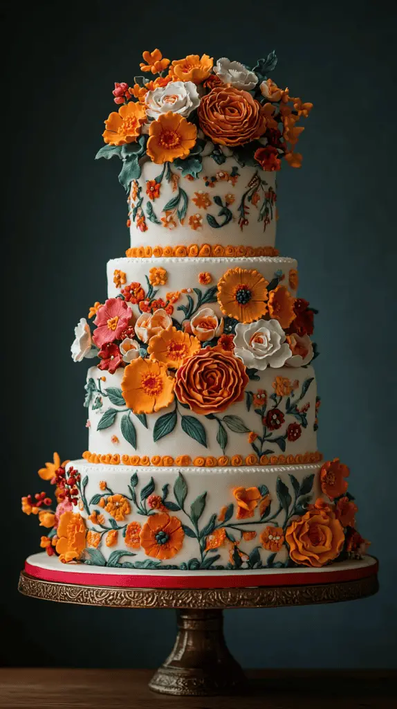 A Frida Kahlo-inspired Mexican wedding cake featuring vibrant, bold floral decorations reminiscent of Kahlo’s art, such as roses, marigolds, and orchids.