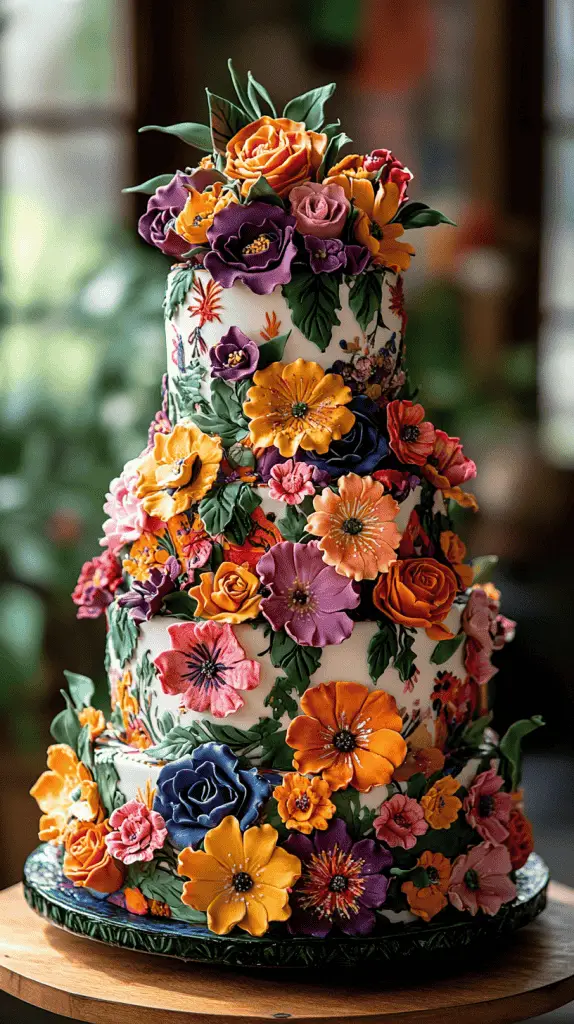A Frida Kahlo-inspired Mexican wedding cake featuring vibrant, bold floral decorations reminiscent of Kahlo’s art, such as roses, marigolds, and orchids.