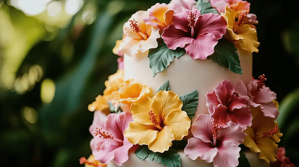 A Hawaiian wedding cake adorned with native flowers.