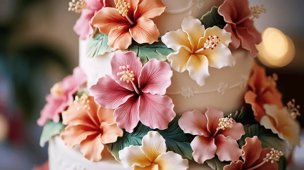 A Hawaiian wedding cake adorned with native flowers.